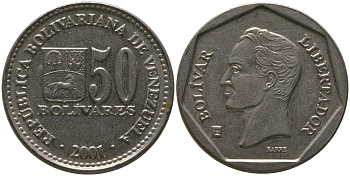 Венесуэла 50 боливаров 2001 A KM 82 сталь плакированная никелем 4525-1257