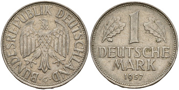 ФРГ 1 марка 1957 G KM 110, J. 385 медно-никель 4187-1115