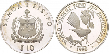 Самоа 10 тала 1986 25 лет WWF, самоанский куриный голубь KM 72 серебро PROOF 1088-5-11