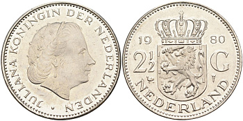 Нидерланды 2 1/2 гульдена 1980 Юлиана (1948-1980) KM 191 никель 4593-642