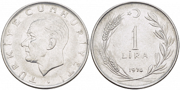 Турция 1 лира 1974 Мустафа Кемаль Ататюрк KM 889а.2 нержавеющая сталь 4529-1234