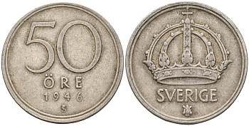 Швеция 50 эре 1946 TS, Густав V (1907-1950) KM 817 серебро 4148-852