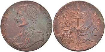 Великобритания 1/2 пенни 1793 Миддлсекс - политическая и социальная серия - Исаак Ньютон Dalton & Hamer 1033 медь 1518-1441