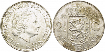 Нидерланды 2 1/2 гульдена 1966 Юлиана (1948-1980) KM 185 серебро 114-911