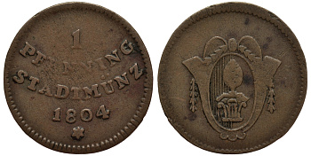 Аугсбург 1 пфенниг 1804 свободный город, городской выпуск KM 191 медь 1517-641