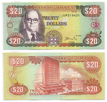 ЯМАЙКА 20 ДОЛЛАРОВ 1999 15 ФЕВРАЛЯ 1999, НОЕЛ НЕТИРЗОЛЕ, ЗДАНИЕ ГОСБАНКА, ПОДПИСЬ 13 Pick 72g бумага UNC (ПРЕСС) 8588-81-1-2