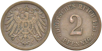 Германия 2 пфеннига 1913 A KM 16, J. 11, Weege 4 медь 212-415