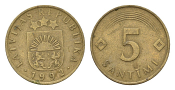 Латвия 5 сантимов 1992 KM 16 никель латунь 105-623