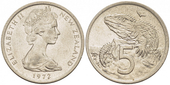Новая Зеландия 5 центов 1972 Елизавета II (1952-2022), ящерица гаттерия KM 34.1 медно-никель 3851-1056