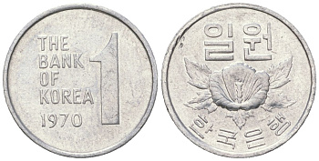 Южная Корея 1 вона 1970 роза шарона KM 4a алюминий UNC 4567-646