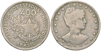 Бразилия 400 реалов 1901 MCMI, голова свободы вправо KM 505 медно-никель 4612-432