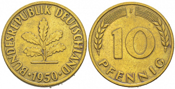 ФРГ 10 ПФЕННИГОВ 1950 J KM 108, J.383 сталь плакированная латунью 77-955