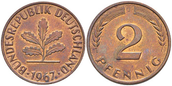 ФРГ 2 ПФЕННИГА 1967 D KM 106, J. 381 бронза 116-324