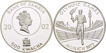 Замбия 500 квача 2002 Олимпийские игры в Мюхене 1972 года, факелоносец KM 174 серебро PROOF 1069-10-24