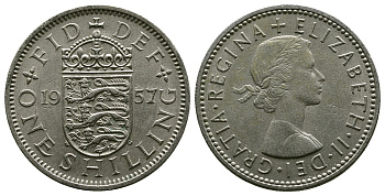 Великобритания 1 шиллинг 1957 Елизавета II (1952-2022), Английский герб KM 904, Spink 4147 медно-никель 4384-351