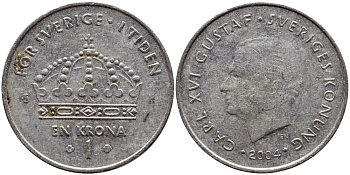 Швеция 1 крона 2004 Карл XVI Густав (1973- ) KM 894 медно-никель 177-246
