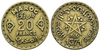 Марокко 20 франков 1950 год 1371, Мухаммед V (1346-1381) (1927-1962) KM 50 алюминиевая бронза 4385-713