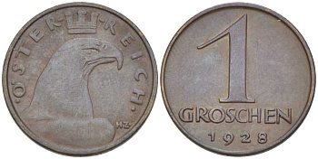 АВСТРИЯ 1 ГРОШ 1928 ДОВОЕННАЯ ДЕСЯТИЧНАЯ ЧЕКАНКА KM 2836 бронза 201-158
