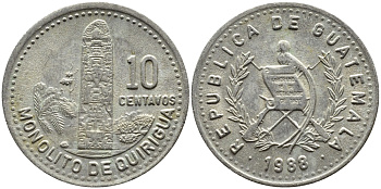 Гватемала 10 сентаво 1988 монолиты Киригуа KM 277.5 медно-никель 00-00