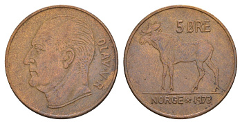 Норвегия 5 эре 1973 Улаф V (1957-1991) KM 405 бронза 4635-623