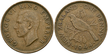 Новая Зеландия 1 пенни 1944 Георг VI (1936-1952), новозеландский туи KM 13 бронза 4165-1231