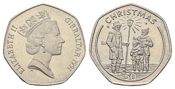 Гибралтар 50 пенсов 1991 Рождество KM 83 медно-никель UNC 1524-2024