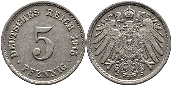 Германия 5 пфеннигов 1915 J KM 11, Jager 12, Weege 6 медно-никель 4547-549
