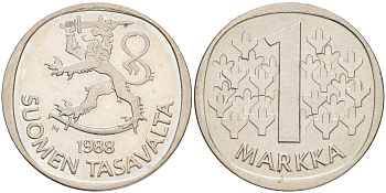 ФИНЛЯНДИЯ 1 МАРКА 1988 M KM 49а медно-никель UNC 4556-753