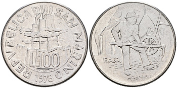 Сан-Марино 100 лир 1978 R, FAO KM 82 нержавеющая сталь UNC 00-00