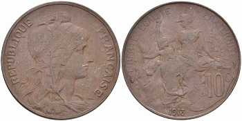 ФРАНЦИЯ 10 САНТИМОВ 1913 ТИП ДАНИЭЛЬ ДЮПЮИ KM 843, LA FRANC 136.23 бронза 109-316