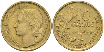 ФРАНЦИЯ 10 ФРАНКОВ 1958 KM 915.1 алюминиевая бронза 187-159