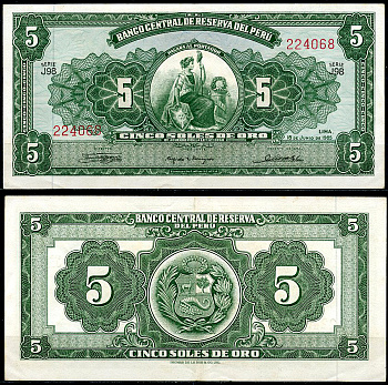 Перу 5 солей 1965 сидящая свобода, Thomas de la Rue Pick 83 a  бумага  444-140-1-2