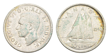 Канада 10 центов 1945 Георг VI (1937-1952), парусник KM 34 серебро 4639-548