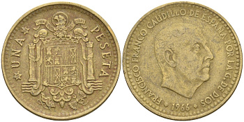 Испания 1 песета 1966 (68) Франсиско Франко (1939-1975) KM 796 алюминиевая бронза 4604-345