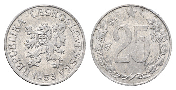 Чехословакия 25 геллеров 1953 KM 39 алюминий 3336-955