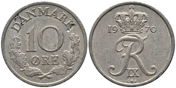 ДАНИЯ 10 ЭРЕ 1970 C; S, ФРЕДЕРИК IX (1947-1972) KM 841.3 медно-никель 116-229