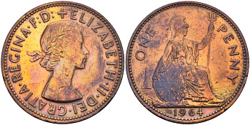 Великобритания 1 пенни 1964 Елизавета II (1952-2022) KM 897, Spink 4157 бронза 4593-442