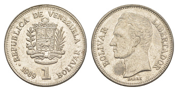 Венесуэла 1 боливар 1989 Симон Боливар, тонкий шрифт Y 52a.1 сталь плакированная никелем 4589-1134