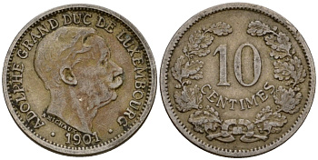 Люксембург 10 сантимов 1901 Адольф (1890-1905) KM 25 медно-никель 4602-421