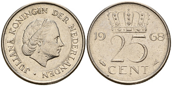 Нидерланды 25 центов 1968 Юлиана (1949-1980) KM 183 никель    4598-428
