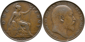 Великобритания 1 пенни 1907 Эдуард VII (1901-1910) KM 794.2, Spink 3990 бронза 32-222