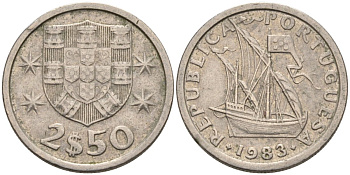 Португалия 2,5 эскудо 1983 парусник KM 590 медно-никель 4567-464