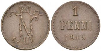 РОССИЯ ДЛЯ ФИНЛЯНДИИ 1 ПЕННИ 1915 НИКОЛАЙ II KM 13, Биткин 475 медь 4396-1433