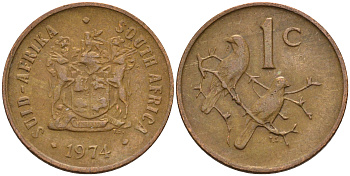 ЮАР 1 цент 1974 герб, капские воробьи KM 82 бронза 4115-169