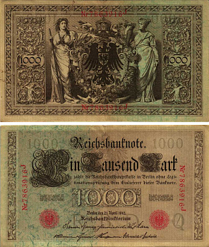 ГЕРМАНИЯ 1000 МАРОК 1910 21 АПРЕЛЯ 1910, СЕМИЗНАЧНЫЙ НОМЕР, СЕРИЯ J Pick 44b бумага 8610-14-1