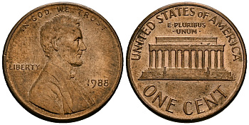 США 1 цент 1988 Линкольн KM 201b цинк плакированный медью 4136-335