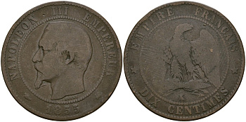 Франция 10 сантимов 1855 K - Бордо, Наполеон III (1852 - 1870) KM 771 бронза 4168-536