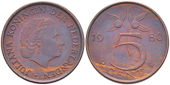 Нидерланды 5 центов 1980 Юлиана (1948-1980) KM 181 бронза 210-1222