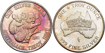 Австралия 1 унция 1991 одна коала, тройская унция, монетный двор Нового Квинсленда  серебро  PROOF  1078-2-32