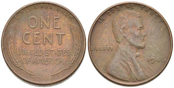 США 1 ЦЕНТ 1946 ЛИНКОЛЬН KM А132 медь цинк 218-219